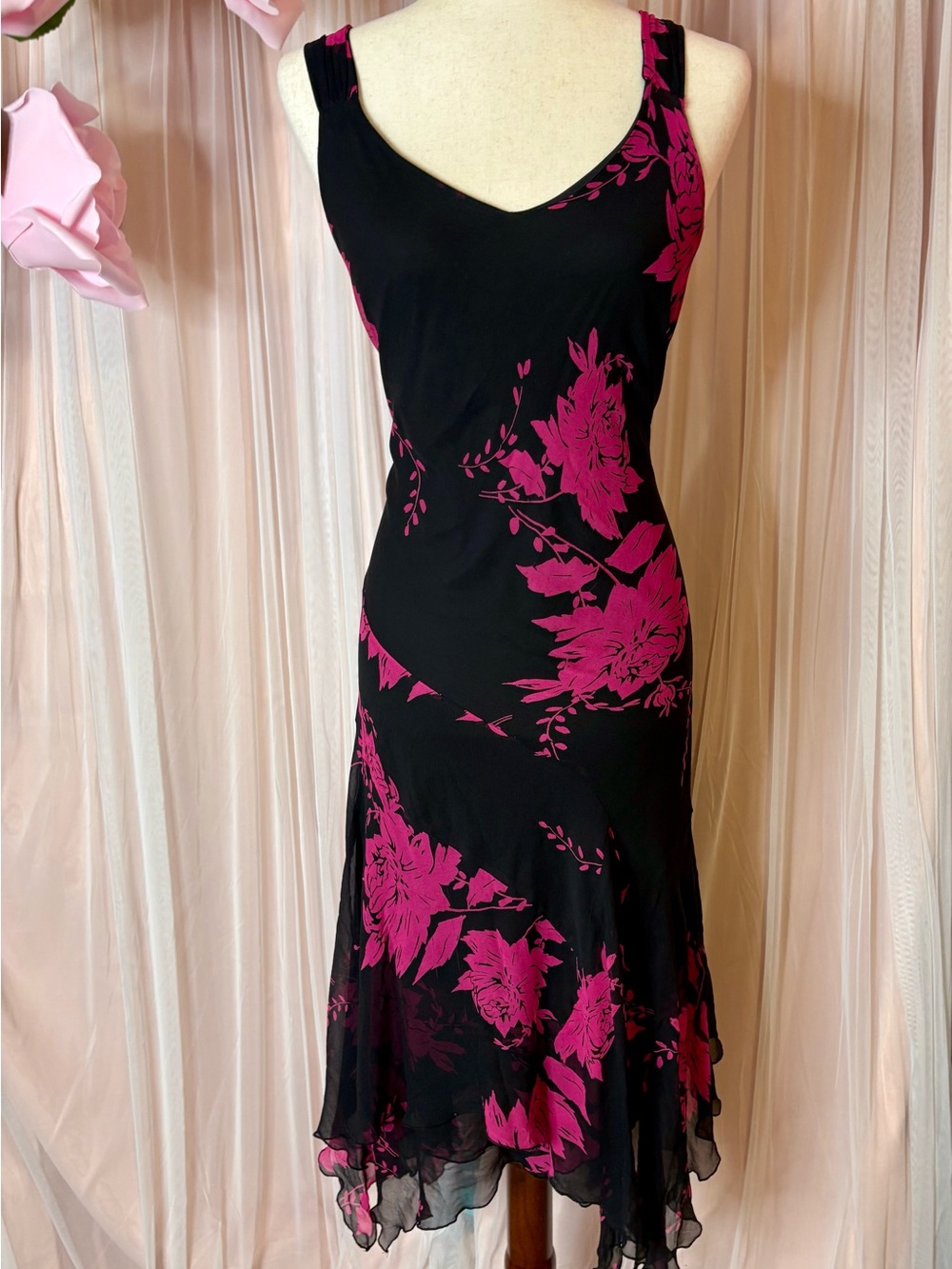 Y2K Silk Black Hot Pink Floral Chiffon Handkerchief Hem